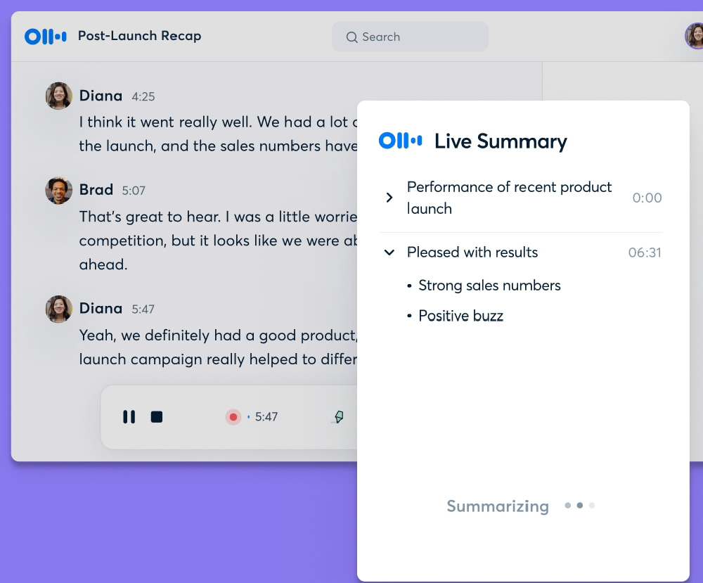 OtterPilot generating a summary in real time, on a virtual meeting