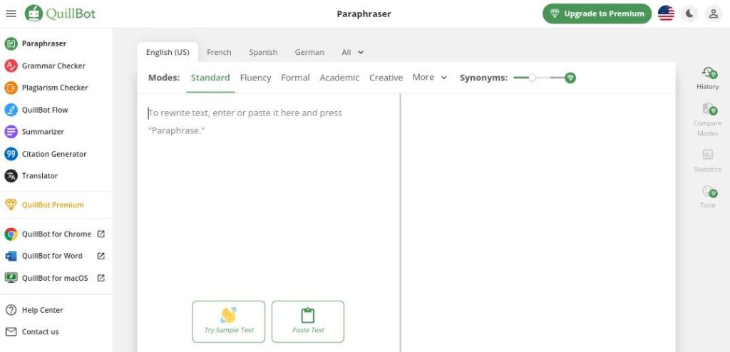 Quillbot Paraphrasing tool Interface