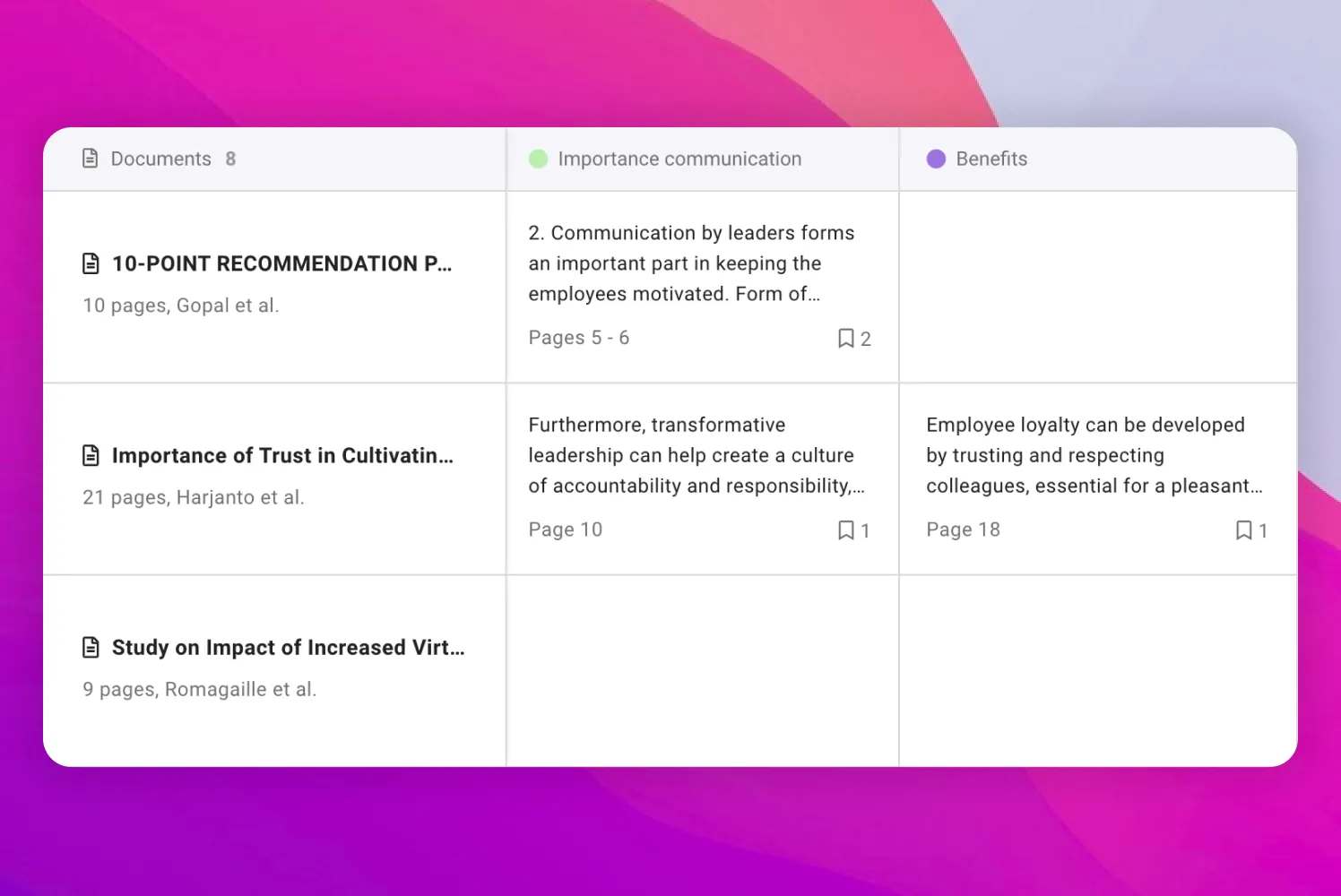 Lateral.io keeps a clear overview of your research by using AI generated tables