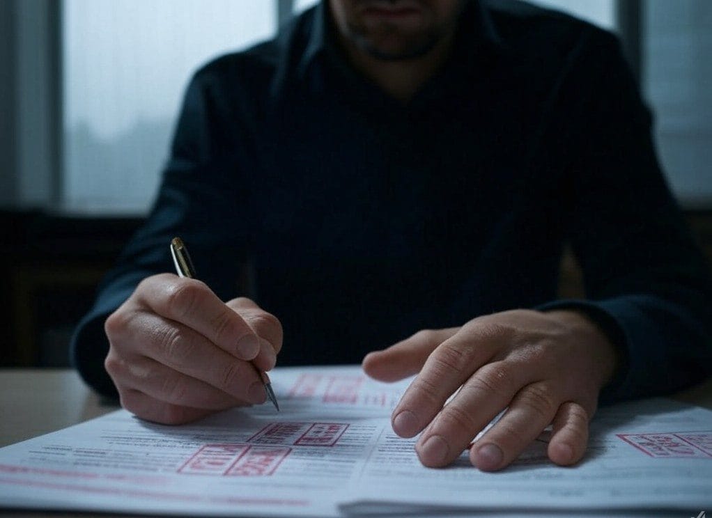 Close-up of weathered hands hesitating over a high-risk contract with a rain-streaked cityscape in the background.