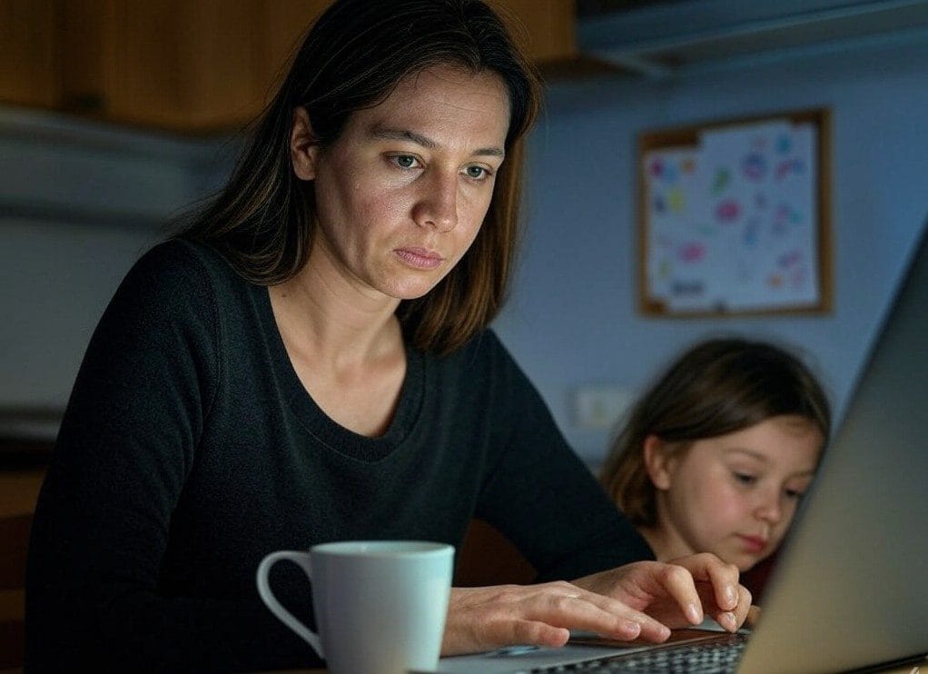 Tired but determined female entrepreneur working late at a kitchen table with a laptop, coffee mug, and child’s drawing.
