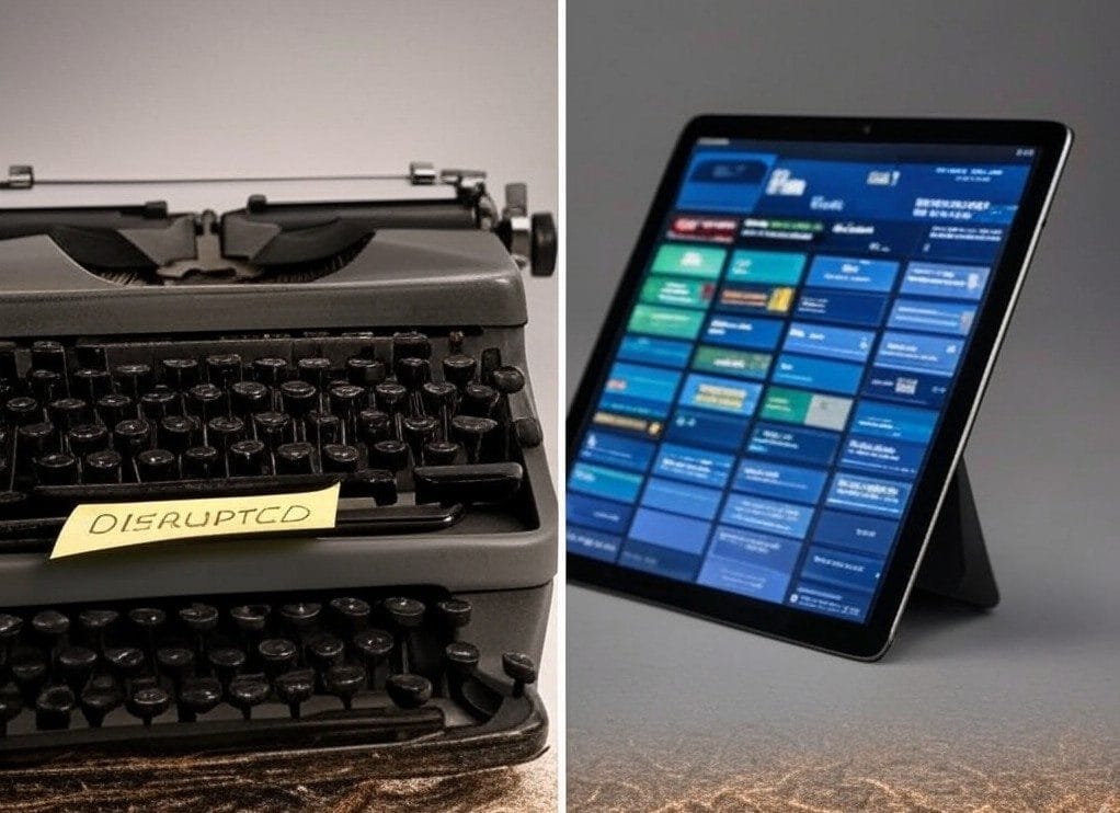 Side-by-side comparison of a vintage typewriter labeled ‘DISRUPTED’ and a modern tablet displaying a startup app.