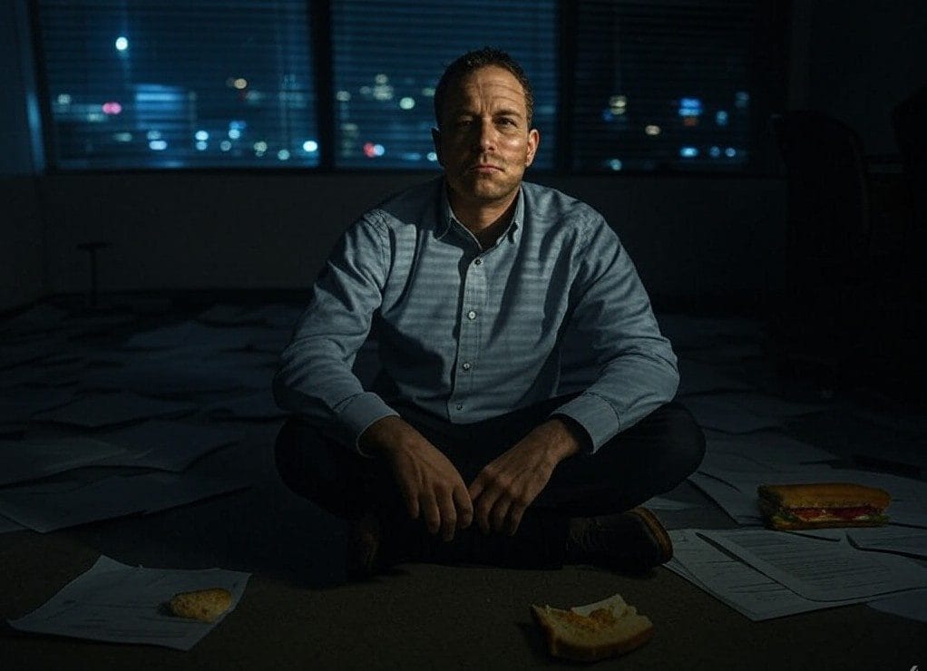 Lone entrepreneur sitting on an office floor at 3 AM, surrounded by scattered papers and city lights through blinds.