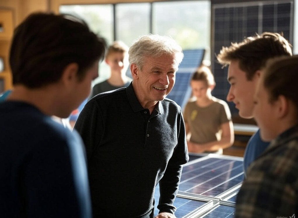 Seasoned entrepreneur teaching teens to build solar panels in a sunlit community workshop.