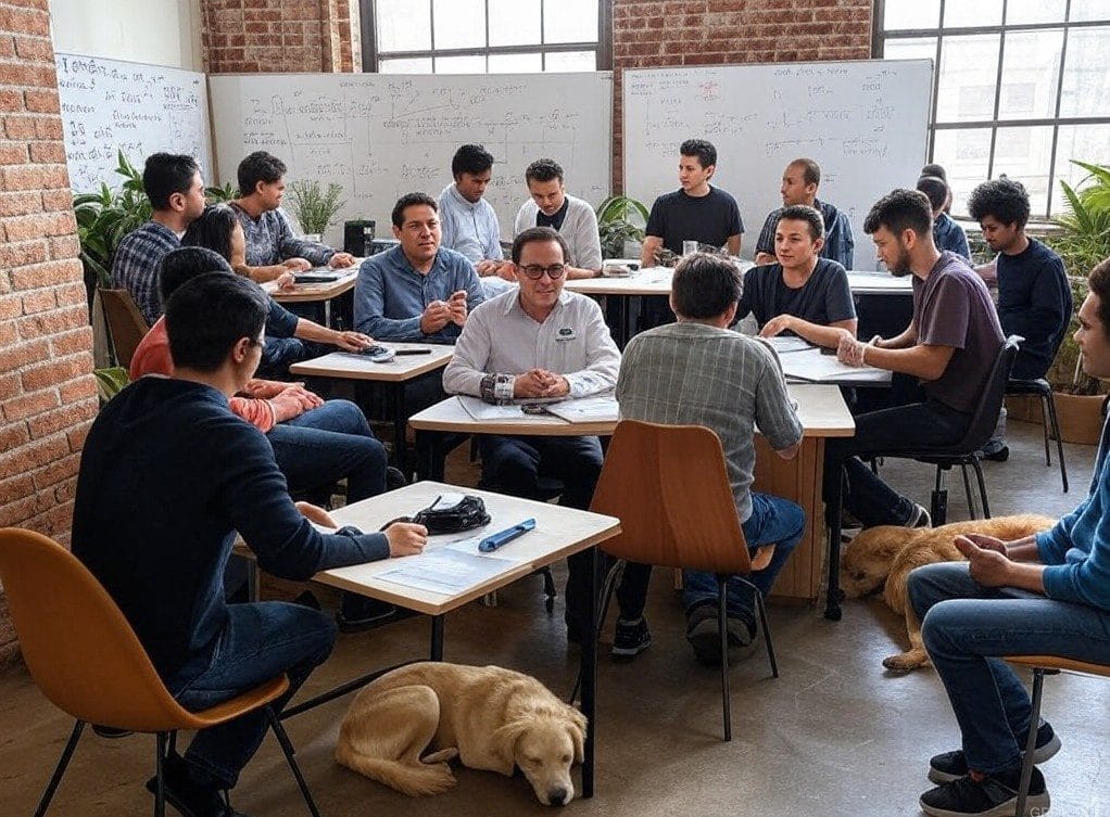 Diverse teams brainstorming in a sunlit startup incubator with whiteboards, plants, and a sleeping dog.