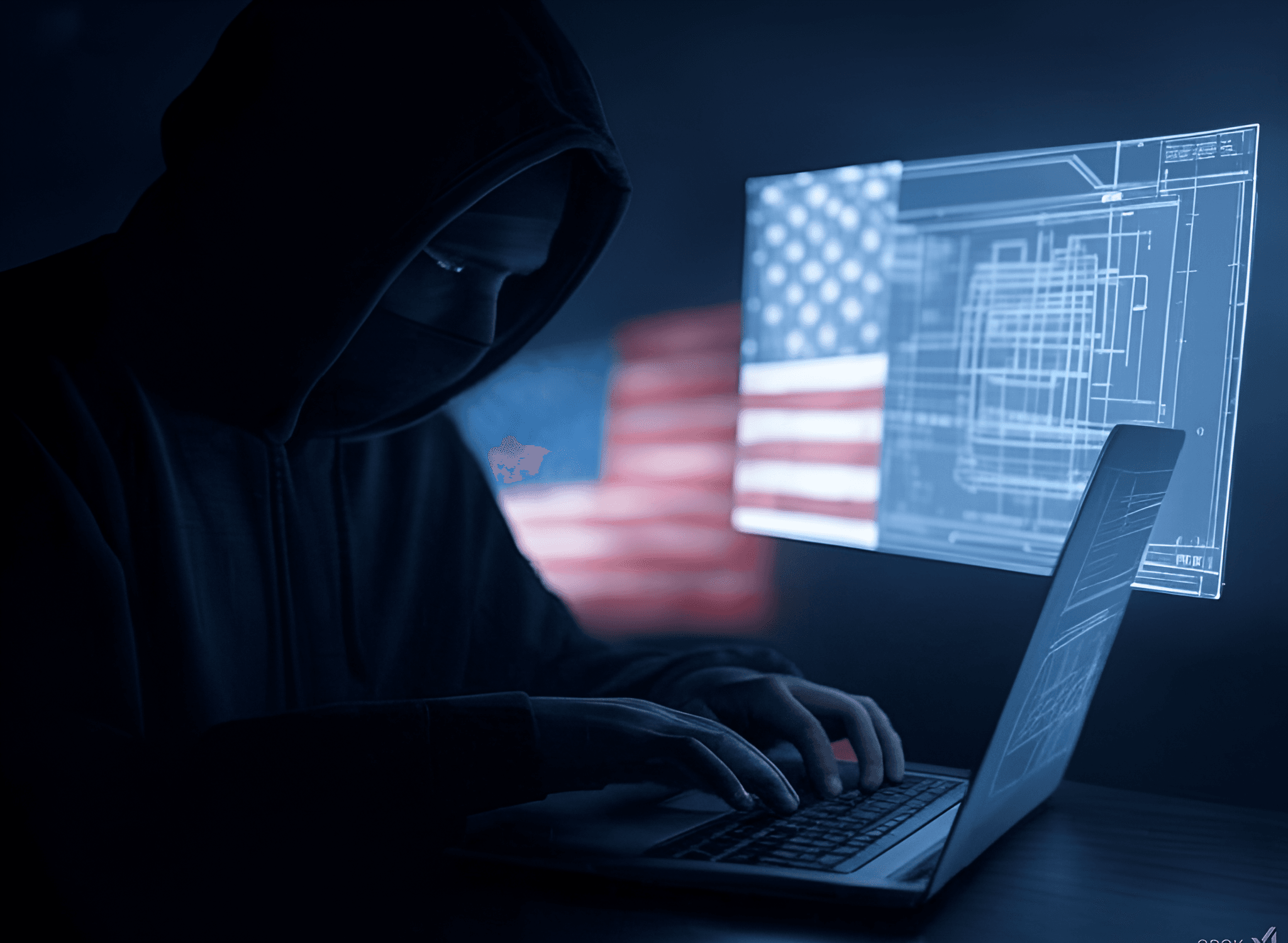 Hacker in hoodie targeting defense systems with overlays of missile blueprints and ransomware alerts.
