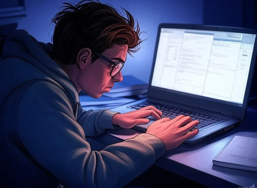 Stressed student surrounded by AI-generated essays and deadlines