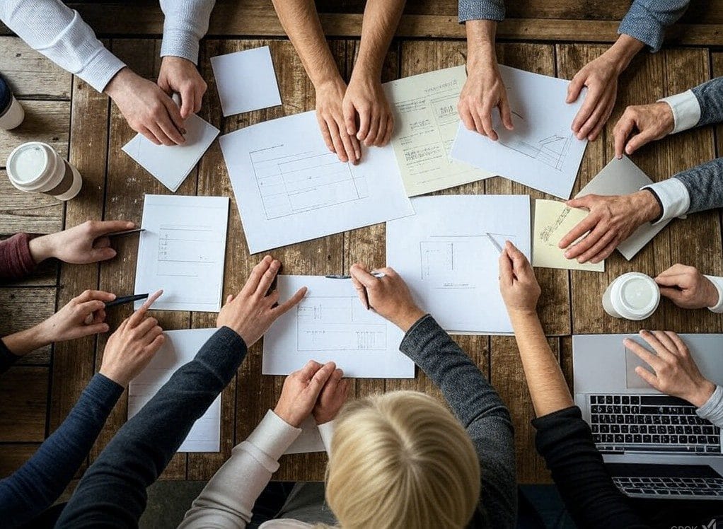 Overhead view of diverse hands sketching a business plan with coffee cups, sticky notes, and a financial model on a laptop.