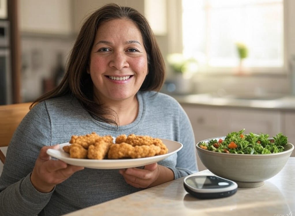 Woman enjoying diabetes-friendly air-fried chicken meal