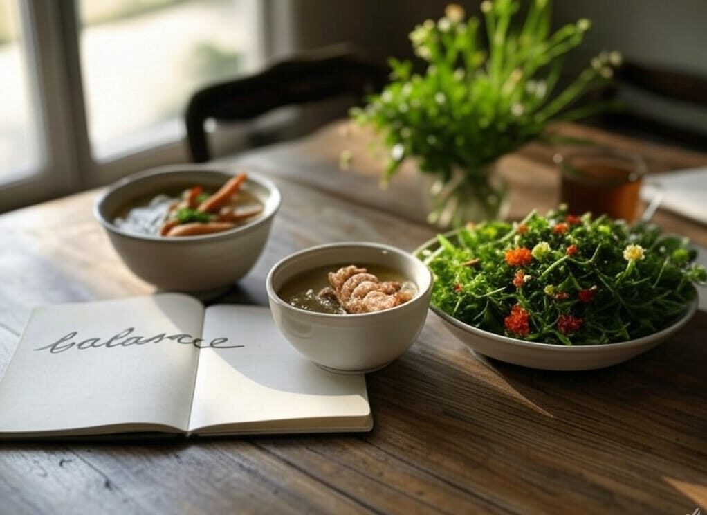 Chicken foot soup paired with salad and tea for balanced nutrition