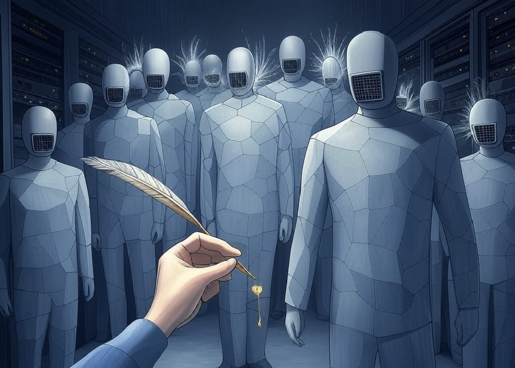 An artistic depiction of faceless humanoid figures standing in a server room, with a hand holding a quill in the foreground.