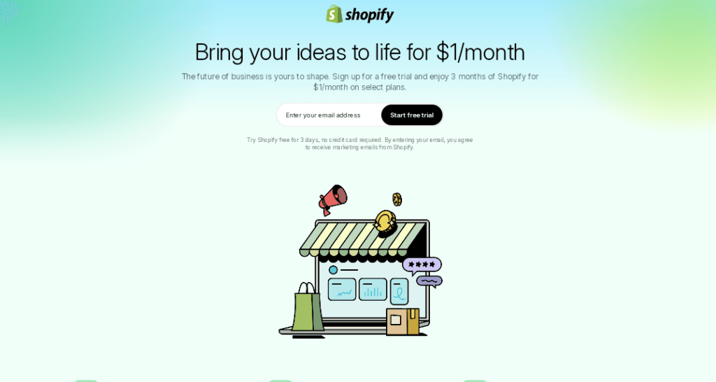 A screenshot of Shopify’s homepage featuring the $1/month promotional offer and a sign-up form.