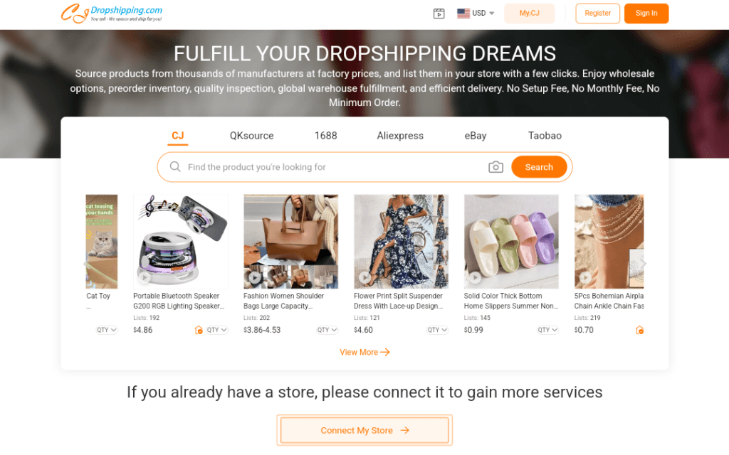 Screenshot of the CJdropshipping platform displaying product searches and order status updates.