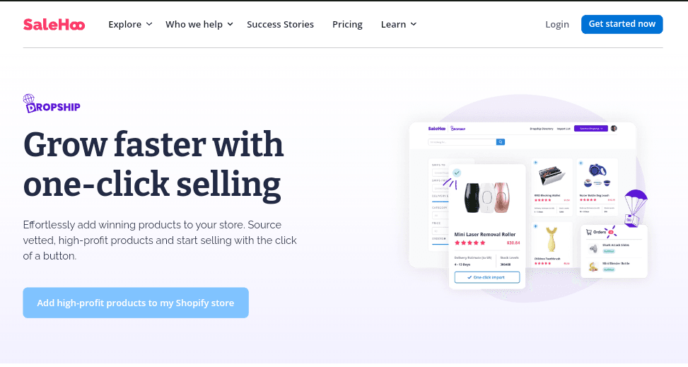 Screenshot of the SaleHoo homepage showing supplier listings, a sign-up button, and customer testimonials.