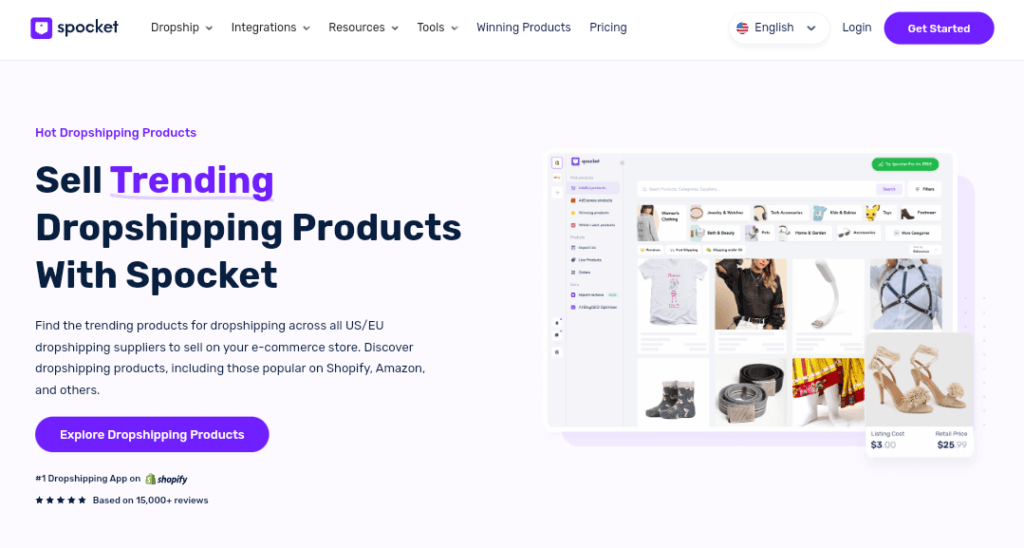This image highlights the Spocket homepage, where entrepreneurs can explore a wide range of verified dropshipping suppliers. Featuring real-time product syncing and automated inventory updates, Spocket helps store owners quickly source and list high-quality products.