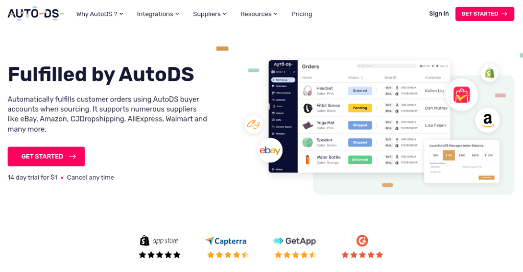 Screenshot of the AutoDS dashboard with dynamic pricing settings, inventory tracking, and sales analytics.