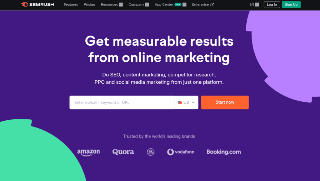 Screenshot of the SEMrush SEO toolkit showing keyword analytics, domain overview, and competitor insights.