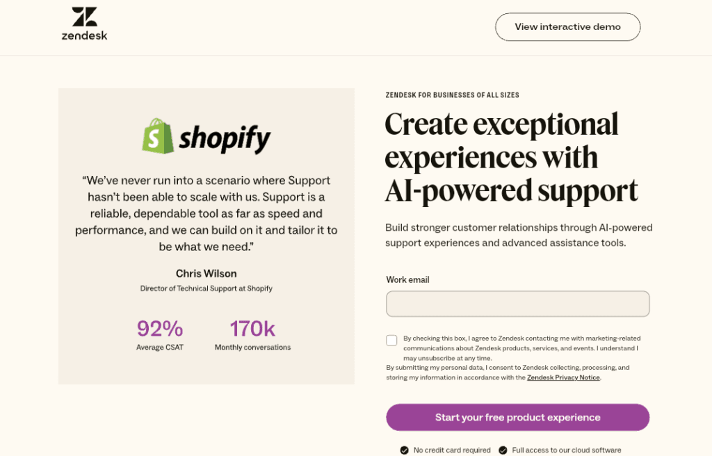 Screenshot of Zendesk’s website featuring AI-powered support tools, a testimonial from Shopify, and a free product experience button.
