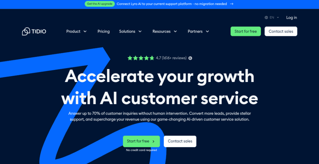 Screenshot of Tidio’s homepage highlighting AI-driven customer service solutions and a call-to-action for starting a free trial.