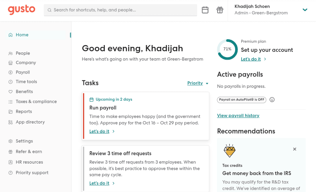 Screenshot of Gusto’s payroll management dashboard showing upcoming tasks, active payrolls, and HR recommendations.