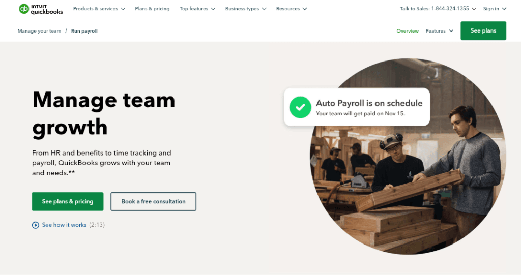 Screenshot of Intuit QuickBooks payroll page showing auto payroll scheduling, team management, and consultation options.