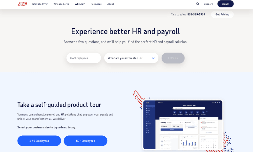 Screenshot of ADP’s HR and payroll solution website featuring a self-guided product tour and employee range options.