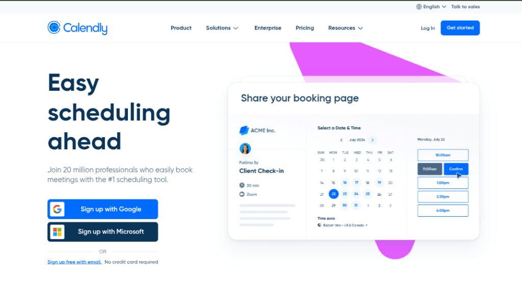 Screenshot of Calendly’s scheduling interface with a booking page, calendar view, and time slots for meetings.