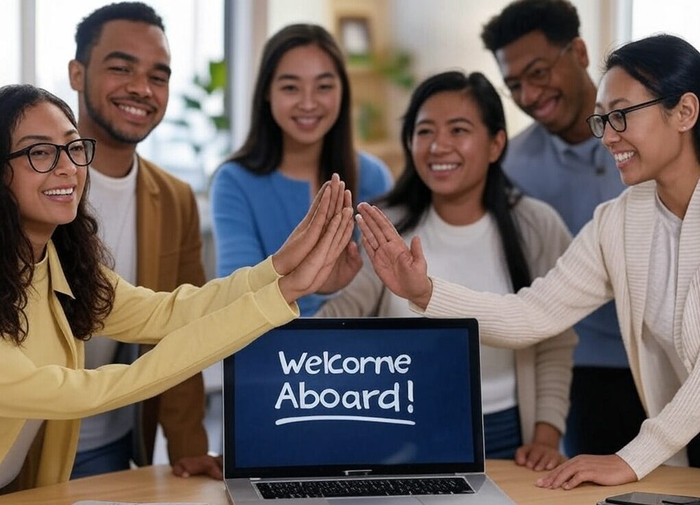 Diverse small business team welcoming a new employee in a modern office.