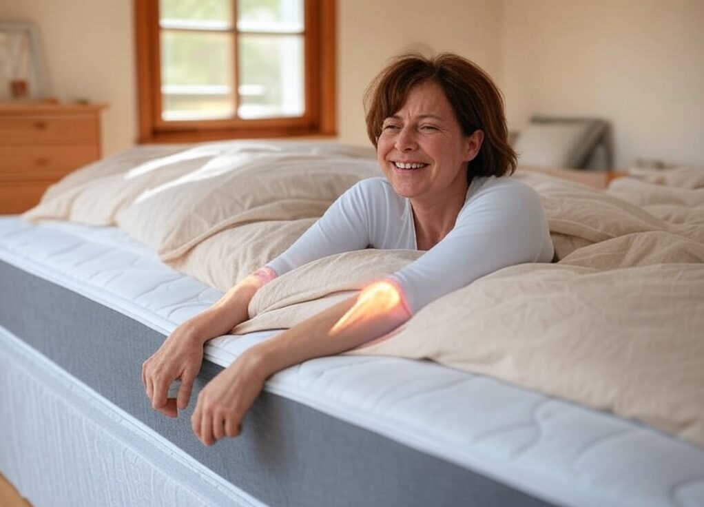 Woman smiling on a supportive mattress for arthritis relief, 2025’s top picks in a cozy bedroom.