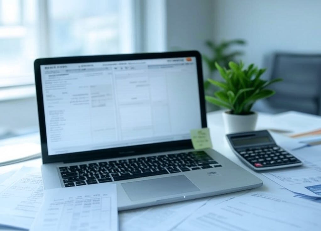 Modern desk with payroll software, tax documents, and calculator for small business payroll setup.