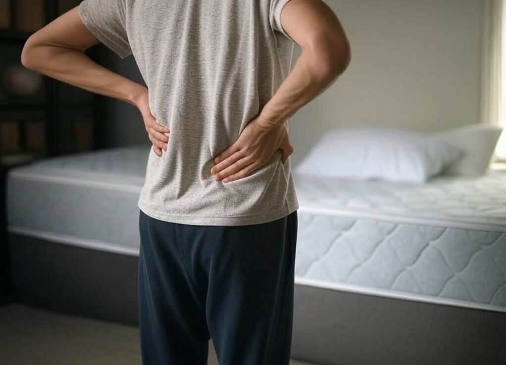 Person experiencing lower back pain with a supportive mattress in the background.