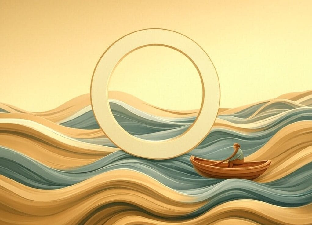 A minimalist, abstract illustration blending a circle (symbolizing wholeness/Ikigai’s intersection) with organic, flowing lines (waves for the Okinawan sea) and a tiny, stylized figure (Hiroshi the fisherman) in a wooden boat.
