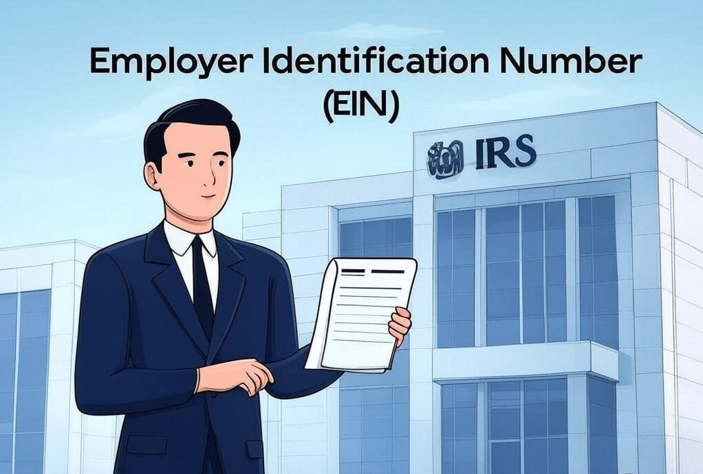 An illustrated man holding a document labeled ‘Employer Identification Number (EIN)’ in front of an IRS building.