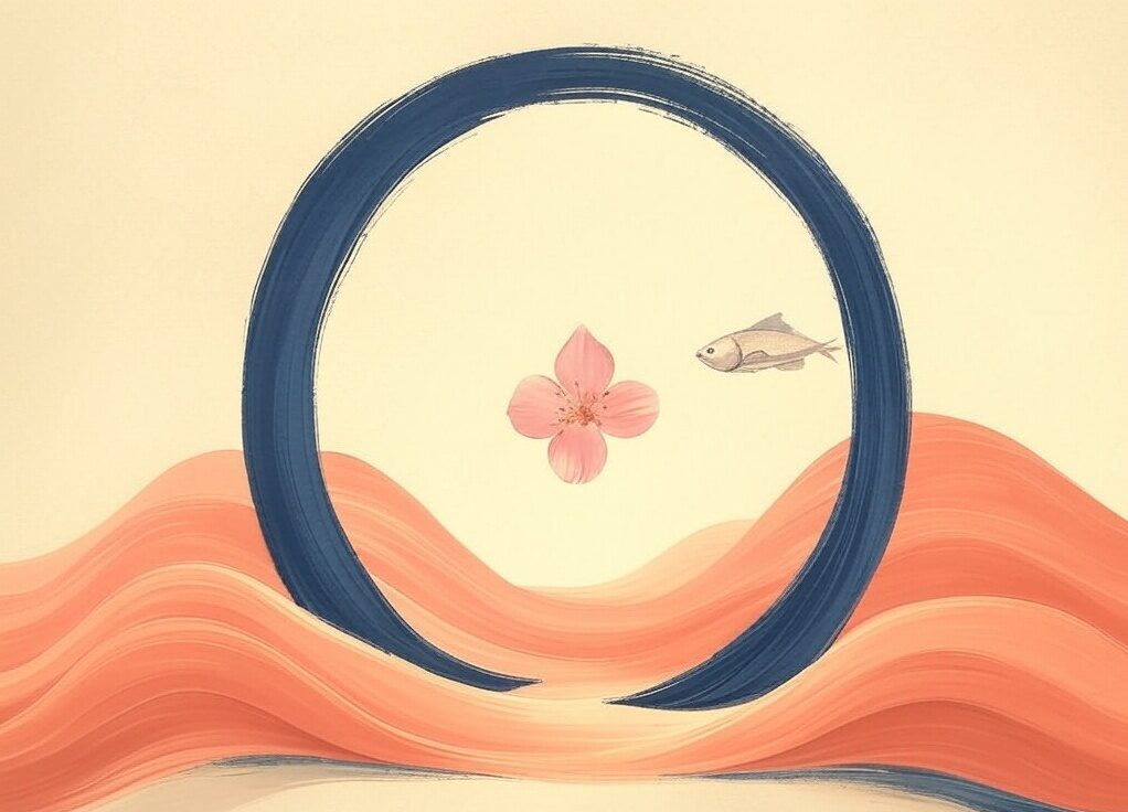 A minimalist enso (Zen circle) with a cherry blossom and swimming fish evokes Okinawa's Hara Hachi Bu philosophy—the art of living fully through restraint. Abstract waves and indigo brushstrokes reflect the balance between tradition and modernity, echoing the island's secrets to longevity and mindful abundance.