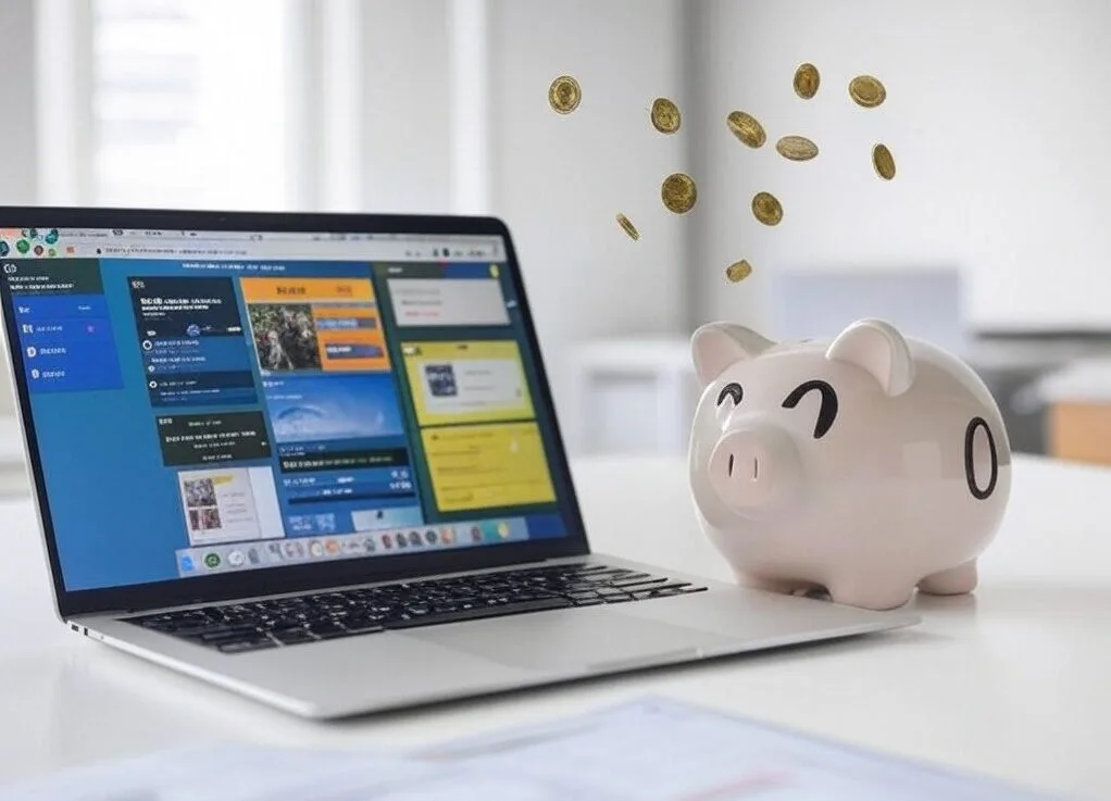 Laptop showing a dropshipping store dashboard with $0 budget tools.