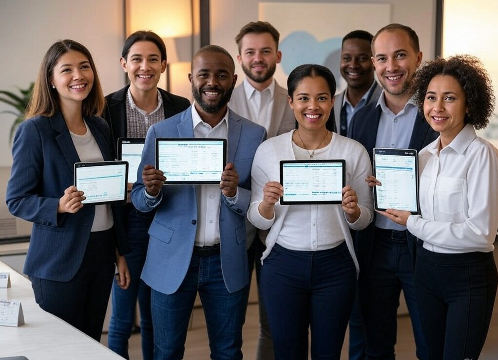 Diverse team managing payroll with software and calendars in a modern office