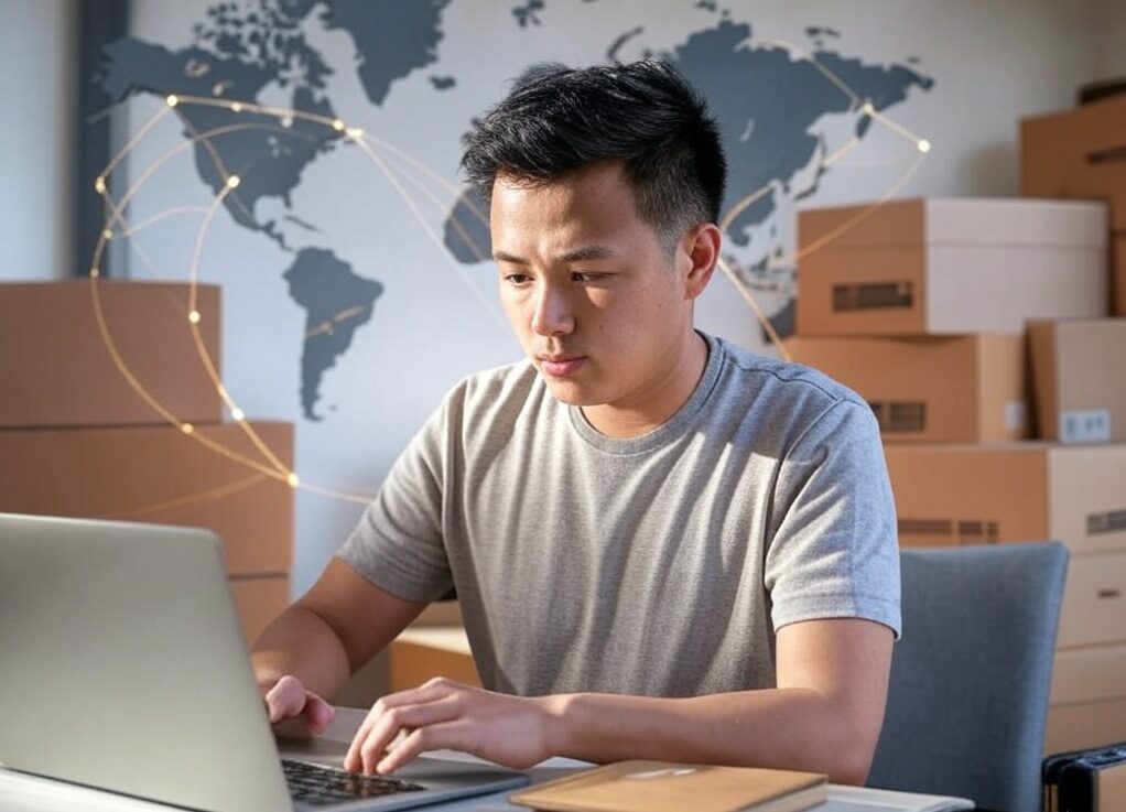 Entrepreneur working on a laptop with shipping boxes and global digital overlay representing dropshipping e-commerce.