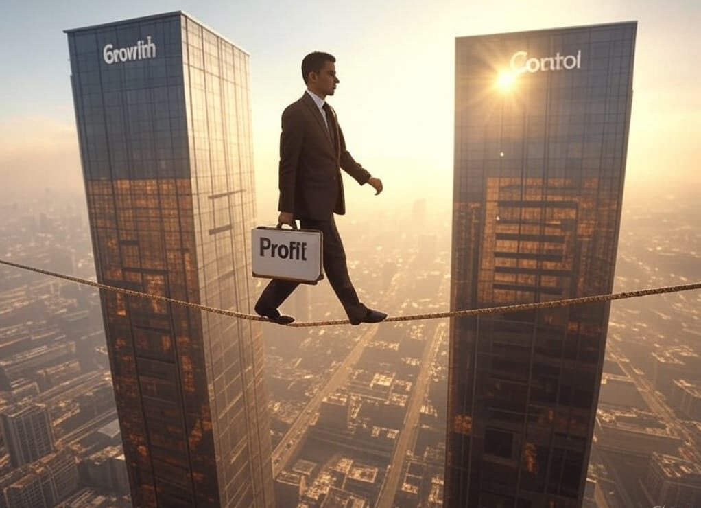 Founder balancing growth and control on a tightrope over a cityscape.