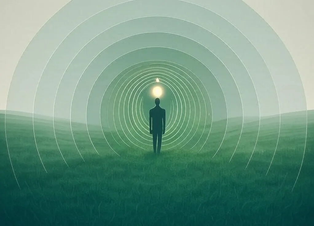 Abstract image of a person standing in a green field with concentric energy waves radiating from their body, symbolizing healing frequencies and sound therapy.