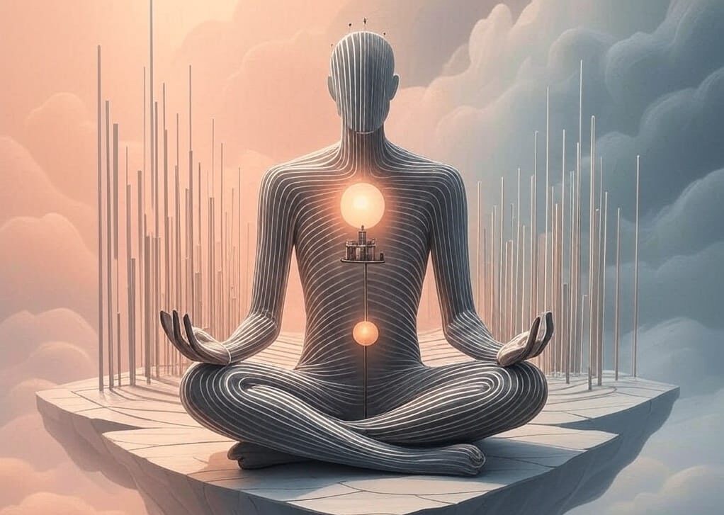 Abstract illustration of a meditative figure with glowing energy centers, symbolizing the 222 Hz frequency’s harmonizing effects.