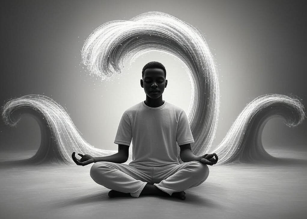 A person seated in lotus position meditating, surrounded by abstract white waveforms that swirl around them, symbolizing sound frequencies used for manifestation.