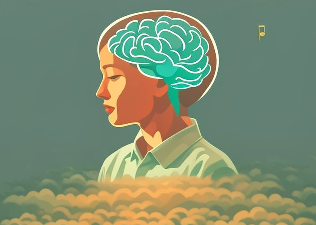 A person seated in meditation with a stylized glowing brain overlay and concentric waveforms, symbolizing sound frequencies entraining brainwaves for cognitive repair.