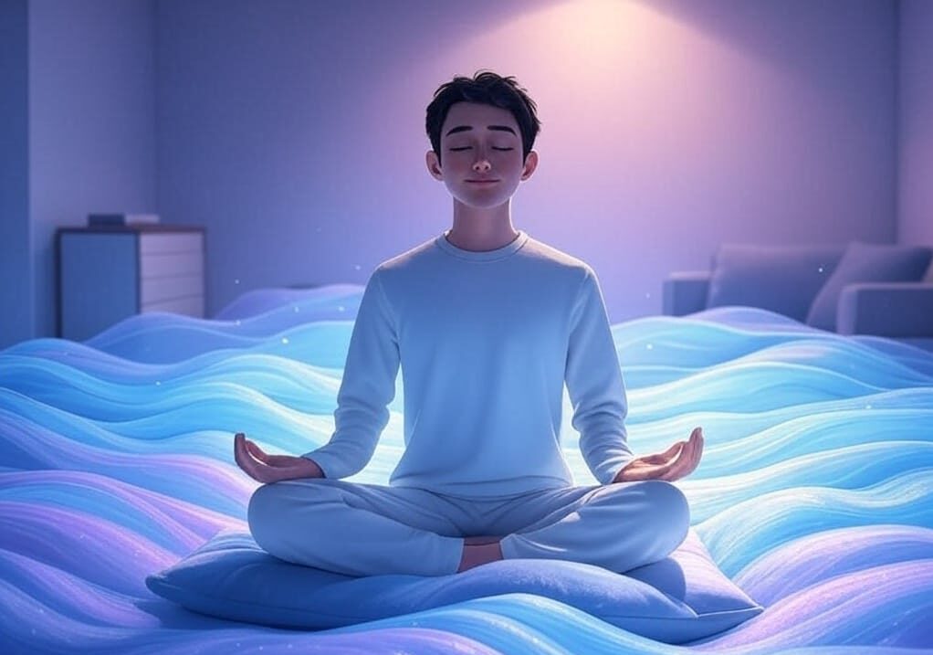 A person meditating on cushions in a softly lit room, surrounded by undulating blue waveforms symbolizing calming sound frequencies for anxiety relief.