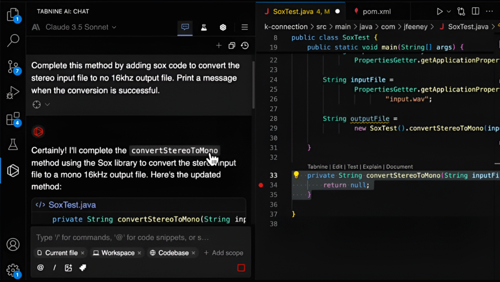 Screenshot of Tabnine AI suggesting Java code for converting a stereo audio file to mono using the Sox library in Visual Studio Code.