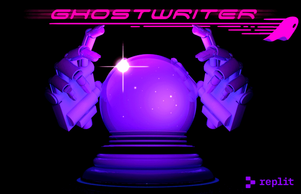 Futuristic illustration of Replit Ghostwriter featuring robotic hands around a glowing crystal ball, representing AI-assisted programming.