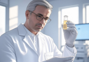 Doctor examining a urine sample under light to detect gross hematuria and assess bladder cancer risk