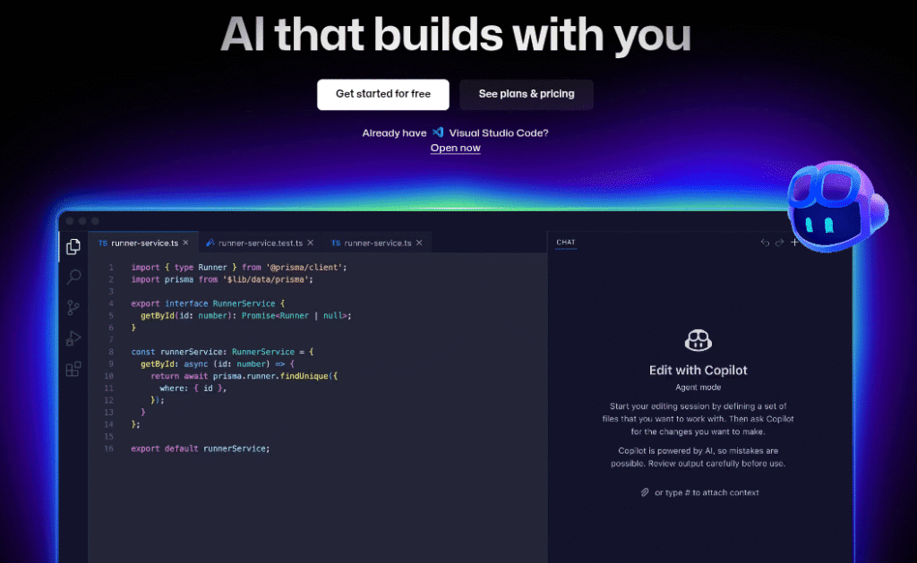 Screenshot of Visual Studio Code showing GitHub Copilot editing TypeScript code while responding in an AI chat panel, illustrating an AI-assisted development workflow in 2025.