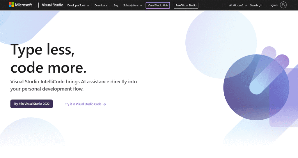 Visual Studio IntelliCode webpage promoting AI assistance for faster coding in Visual Studio 2022 and Visual Studio Code.