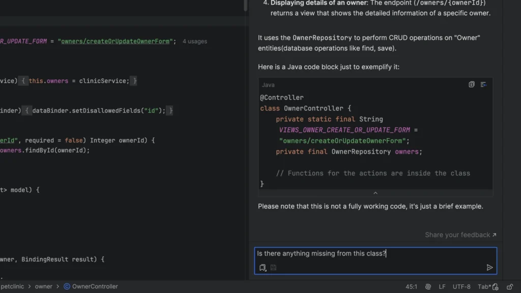 JetBrains AI Assistant reviewing a Java Spring OwnerController class and prompting the developer about missing elements in the code.