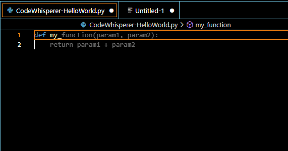 Screenshot of Amazon CodeWhisperer suggesting Python code in Visual Studio Code for a function that adds two parameters.